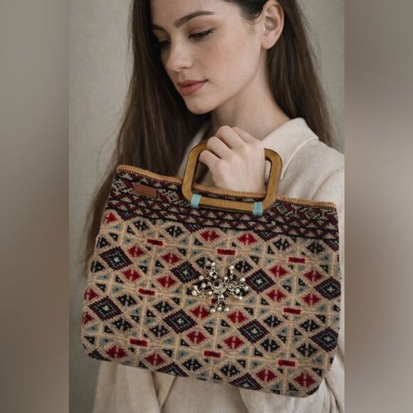Hand Crafted Handbags - Artisan rug Geometric Tote with Wooden Handles